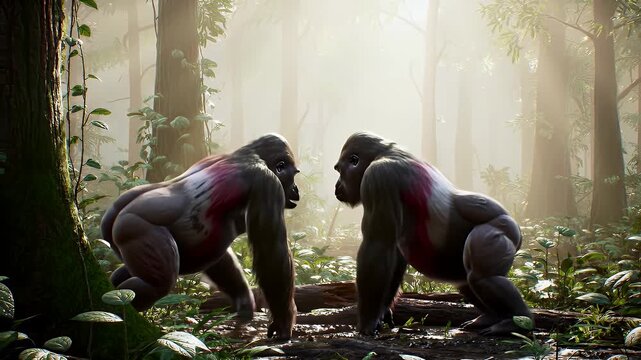 Two gorillas facing each other in tropical jungle forest 
