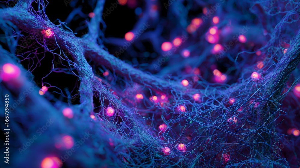 Aufkleber abstract blue textured network with glowing pink nodes on dark background, concept for neural networ