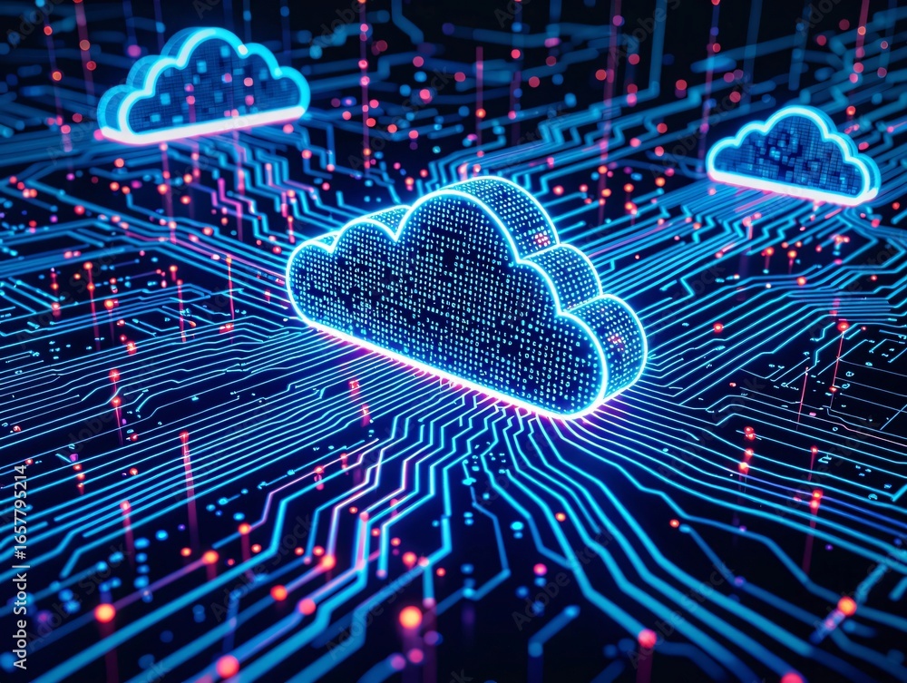 Poster cloud computing and data: a captivating digital representation of cloud computing, where glowing clo