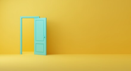 Open Door in a Yellow Room Symbolizing Opportunity and New Beginnings with Modern Minimalist Style and Bright Colors