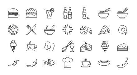 Comprehensive collection of diverse outline icons representing a wide array of food, beverage, and culinary elements, perfect for menus, apps, and digital design projects.