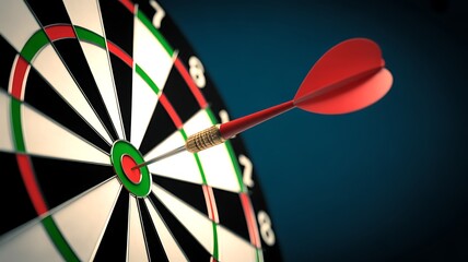 Dart hitting bullseye on a dartboard concept of success achieving goals hitting the target strategic planning in business and sports