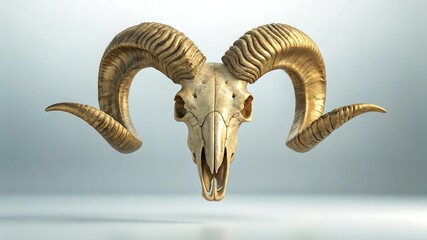 Front view of a ram skull with large horns isolated on a light background