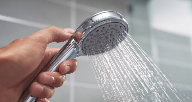 Close-up of hand holding chrome shower head with water flowing, in a modern tiled bathroom setting, showing daily hygiene and water use concept.
