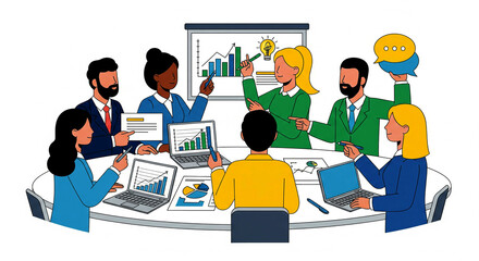 
A vibrant illustration of a diverse business team in a meeting, actively discussing charts and graphs on laptops and a whiteboard, symbolizing professional teamwork and brainstorming.
