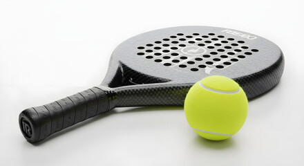 A black padel racket with a textured grip rests beside a bright yellow padel ball on a white background, showcasing sports equipment.
