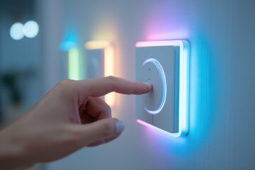 Woman's finger pressing smart light switch with colorful led trim in modern home