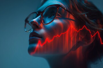 Young woman in glasses illuminated by a red chart line on her face under blue light, concept for financial analysis, market trends visualization and business intelligence