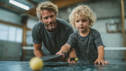 A man and a child play table tennis indoors, focusing intently on the game, portraying a moment of bonding and enjoyment.