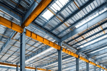 Obraz premium Interior view of a metal structure with yellow beams and corrugated steel roof, concept for industrial architecture, building construction and steel framework design