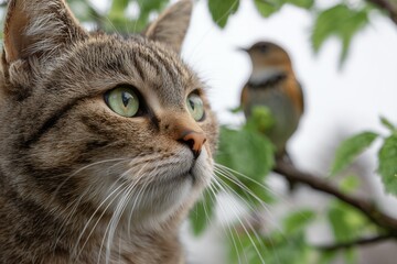 Close up of tabby cat with green eyes staring at a bird perched on a branch with leaves. Concept for wildlife photography, pet portraits and natural settings