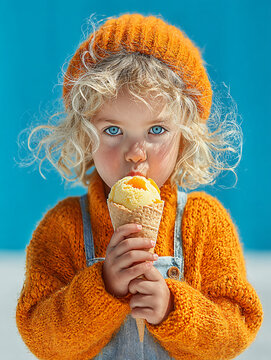 Sweet Summertime Portrait Blonde Blue-Eyed Girl Ice Cream Delight Joy Youthful Happiness Casual Fashion Colorful Summer Treats Frozen Dessert Family Fun Cheerful Cute Smile Playful Indoor Knitwear