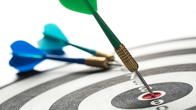 Dart hitting the bullseye signifying success and precision in achieving goals demonstrating focused business strategy and target market penetration for optimal outcomes