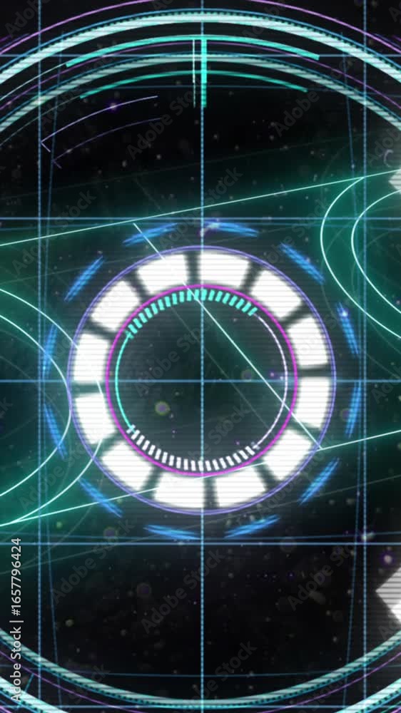 Poster digital animation of colorful abstract shapes light trails against black background