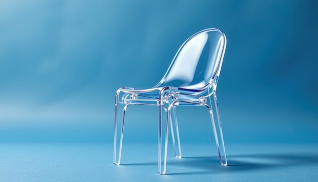 Transparent modern chair made of clear acrylic material with sleek smooth curves and minimalistic design, isolated on a soft blue background for contemporary style - Powered by Adobe