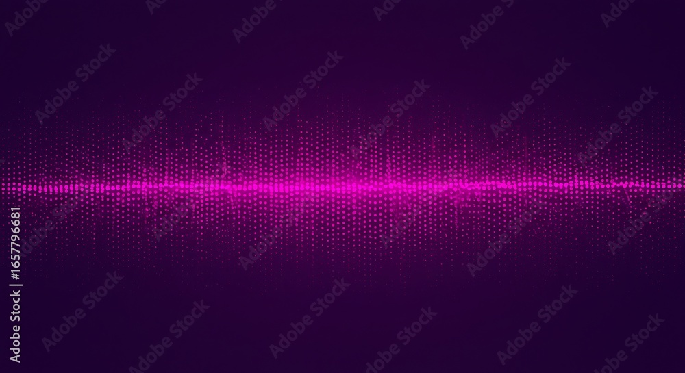 Poster abstract purple sound wave visualization with digital glow and particles on dark background