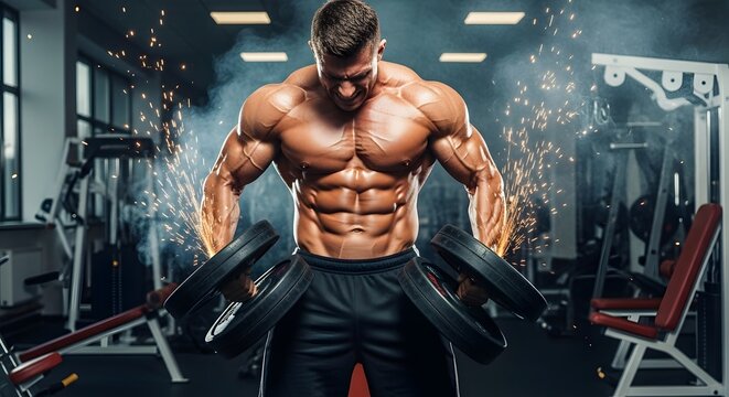 Muscular, athletic bodybuilder fitness model posing after exercises in the gym. Muscular athletic bodybuilder sport man posing after exercises over dramatic light in the gym and looking raised eyebrow