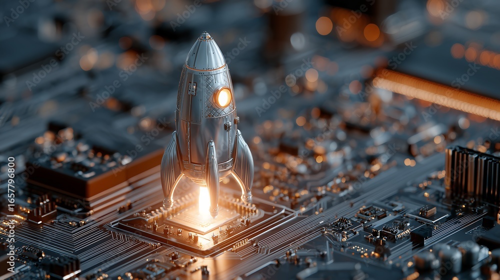 Poster silver rocket launching from a modern computer chip on a dark, patterned circuit board background. c
