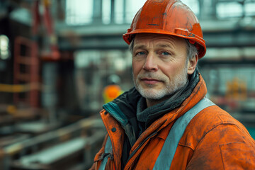 A construction worker stands confidently at a bustling job site, dressed in safety gear, showcasing his expertise and dedication