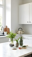 Minimal marble kitchen counter with glass jars of herbs and scattered spices, modern culinary design