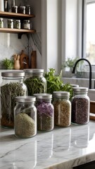Minimal marble kitchen counter with glass jars of herbs and scattered spices, modern culinary design