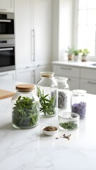 Minimal marble kitchen counter with glass jars of herbs and scattered spices, modern culinary design
