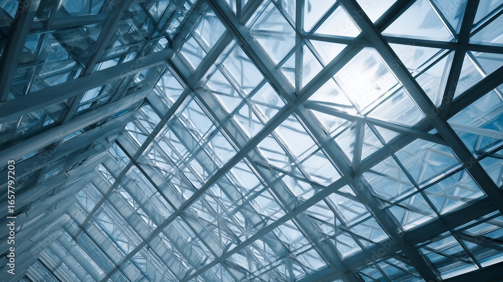 Poster abstract view of a modern architectural structure with a glass and steel framework, concept for corp