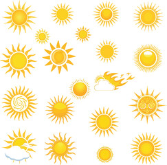 Vector sun icons for weather and summer designs, a bright collection of sunbeams, sunlight, and solar symbols