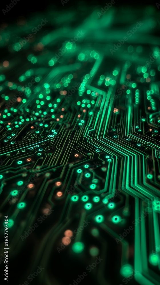 Aufkleber close-up of a vibrant green illuminated circuit board with intricate glowing pathways and nodes, con