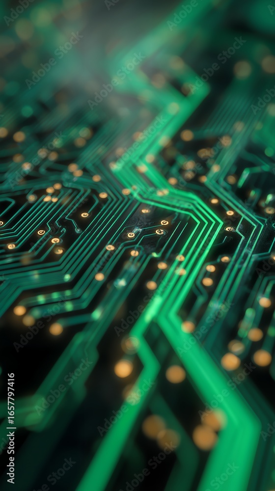 Aufkleber green illuminated circuit board pathways with golden points in a close-up perspective shot. concept 