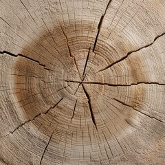 Fototapeta premium Close-up of a cross-section of tree trunk displaying growth rings and cracks, woodgrain visible. Concept for natural textures, background element and environmental studies