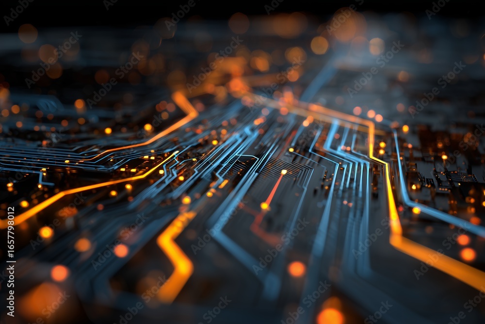 Aufkleber detailed circuit board pattern with glowing lights and intricate pathways, concept for data processi