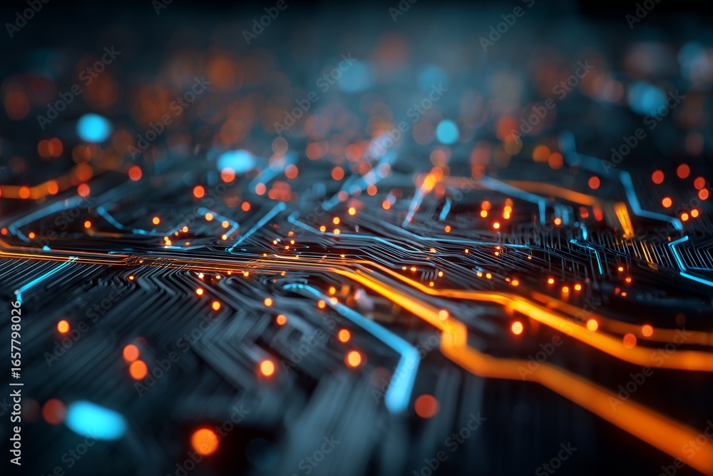Poster detailed close-up of a modern circuit board with blue and orange light trails and spots. concept for
