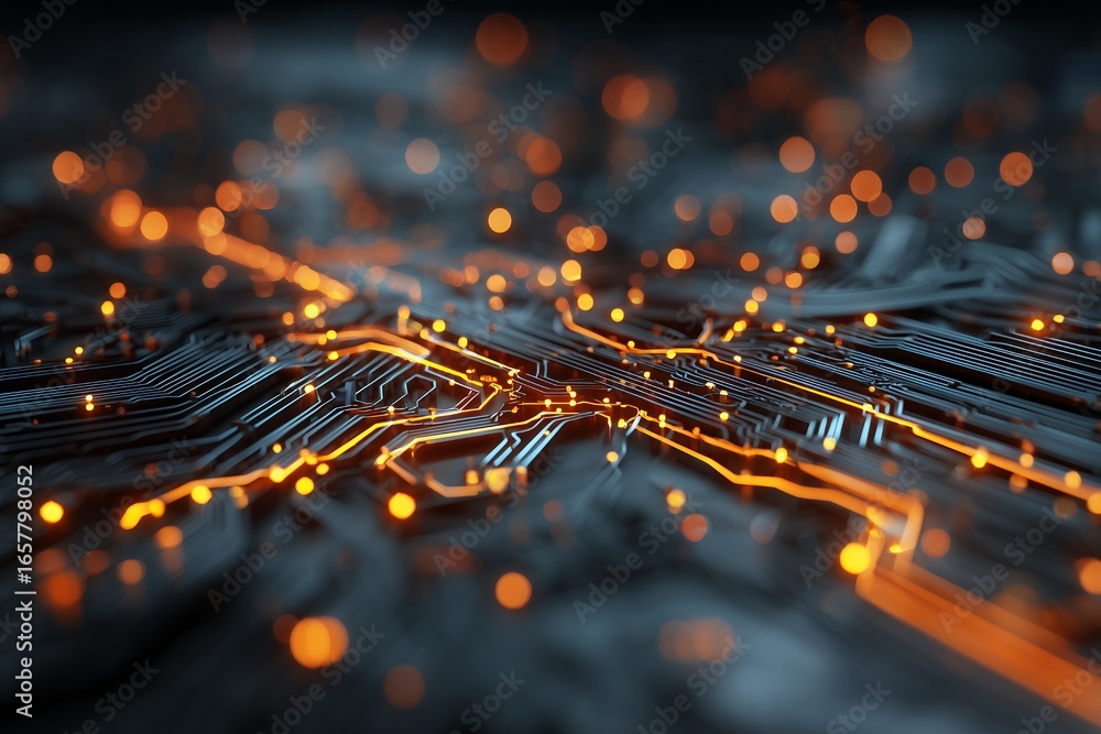 Poster detailed circuit board pathways with glowing orange nodes and connections shown, concept for artific