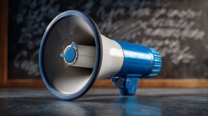 Blue and white megaphone on a dark surface with blurred chalkboard background. Concept for public announcement, emergency broadcast and important communication