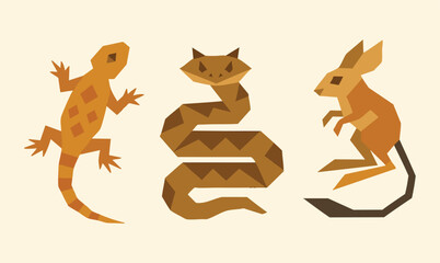 Geometric animal silhouettes lizard raccoon and coiled snake on cream