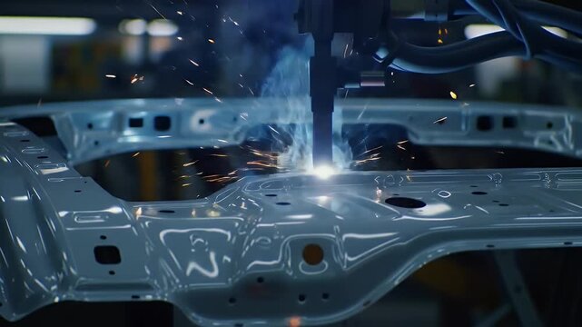 Automated Welding Process On Light Gray Vehicle Frame in Factory Sparks Flying