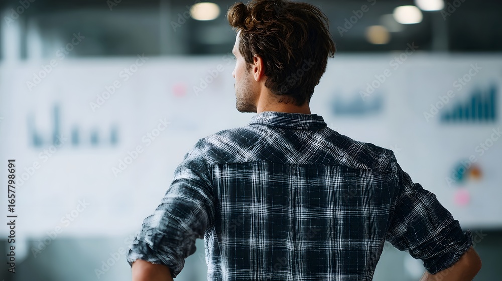 Poster startup founder pitching business idea with charts in tech company setting
