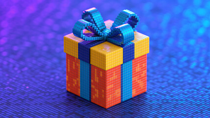 Vibrant pixelated gift box with blue ribbon and bow sits on a shimmering blue textured surface