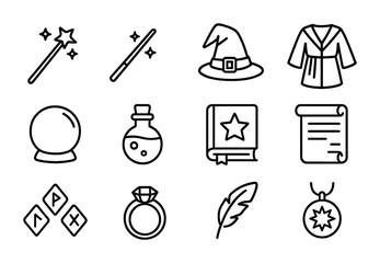 Obraz premium Wizard Tools Icons. Outline icon set of wizard tools: magic staff, wand, hat, robe, crystal ball, potion, book