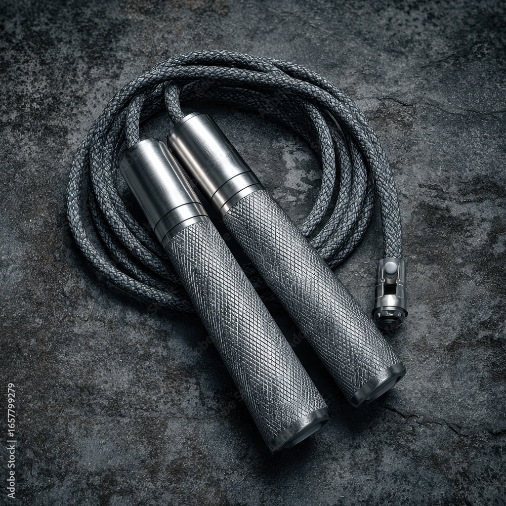 Poster close up view of a jump rope with metallic handles and dark gray rope, resting on a textured dark gr