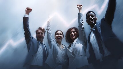 A business team celebrates financial growth with a graph showing their success  long title A dynamic and enthusiastic business team celebrates their