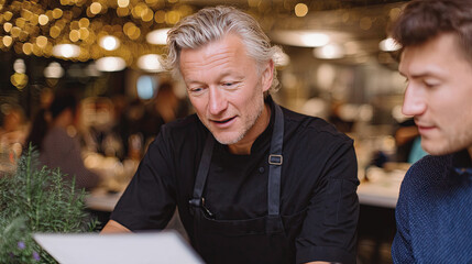 Chef presenting menu to guest in elegant restaurant with warm lighting, festive ambiance, and professional hospitality interaction captured in a candid dining moment.