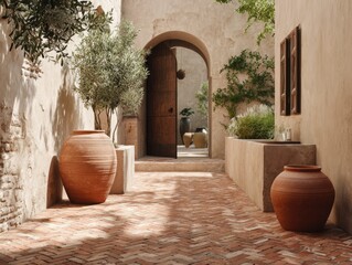 A brick walkway with two large vases on either side. The vases are brown and have a rustic appearance