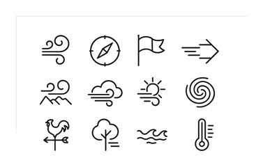 Fototapeta premium Wind Pattern Icons. Outline icon set of wind patterns: wind swirl, compass, flag, arrow, mountain, cloud, sun,