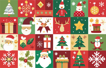 Festive Christmas Holiday Pattern with Santa Reindeer Trees and Gifts in Squares