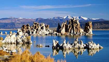 Majestic Tufa Towers Rise from Mono Lake Under a Clear Blue Sky.