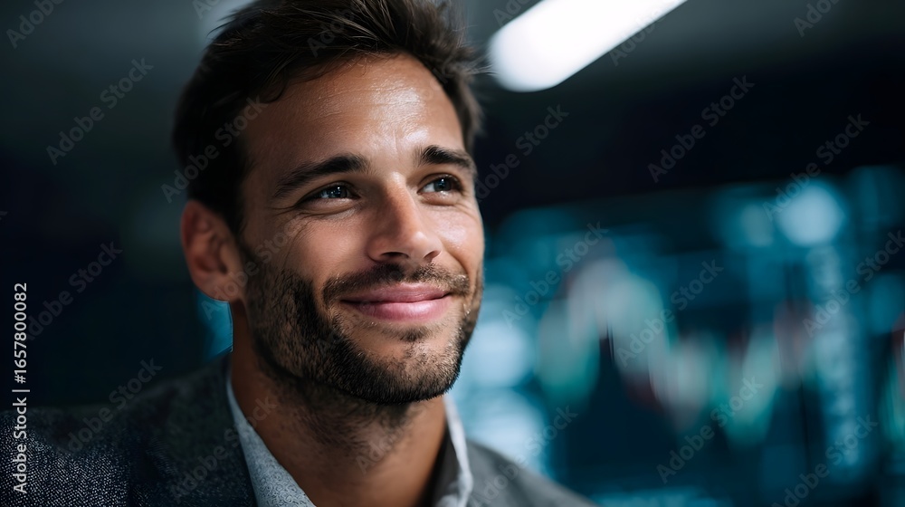 Poster smiling investor standing in front of investment dashboard in tech inspired setting