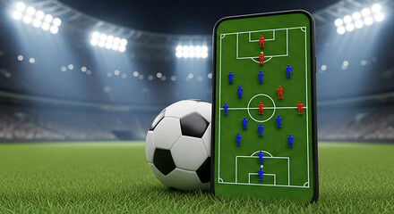 Digital football strategy displayed on a smartphone screen, next to a soccer ball on a stadium pitch, highlighting modern sports tactics and game analysis.