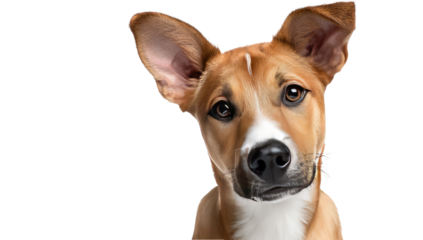 Close-up portrait of a mixed-breed dog,  light brown and white fur, attentive gaze